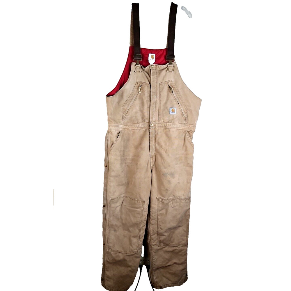VTG CARHARTT R38 QUILT LINED OVERALLS 46x32 ZIP to WAIST INSULATED BIB BROWN